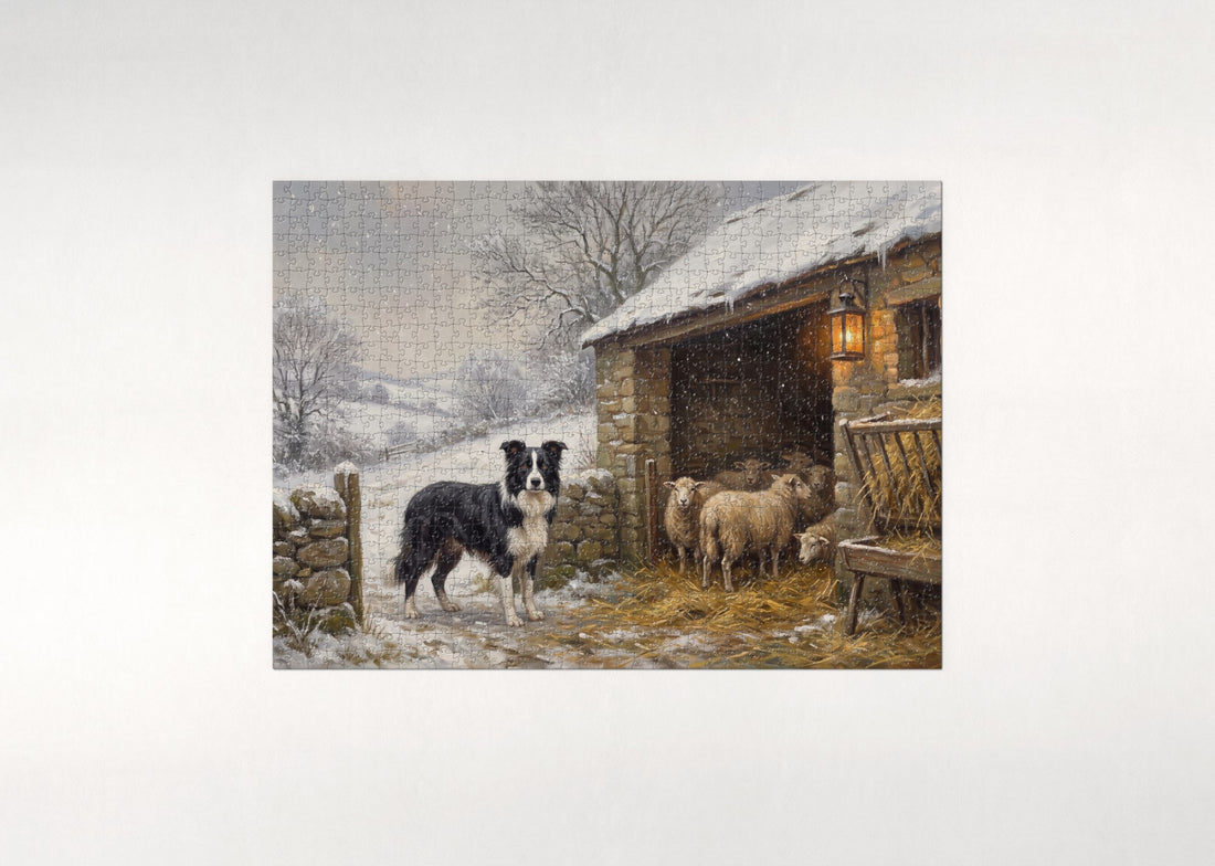 Border Collie at the Winter Sheepfold jigsaw puzzle - gift box