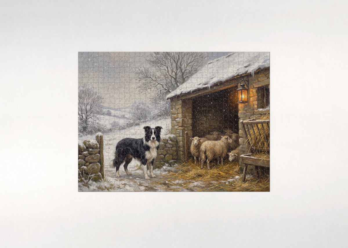 Border Collie at the Winter Sheepfold jigsaw puzzle - flat puzzle