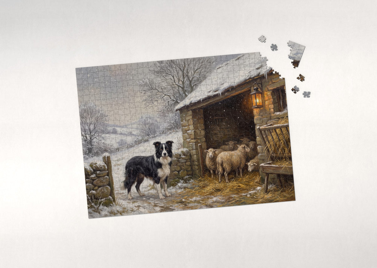Border Collie at the Winter Sheepfold jigsaw puzzle - puzzle with loose pieces
