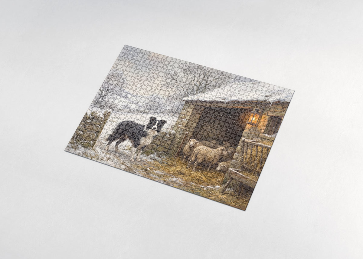 Border Collie at the Winter Sheepfold jigsaw puzzle - assembled puzzle