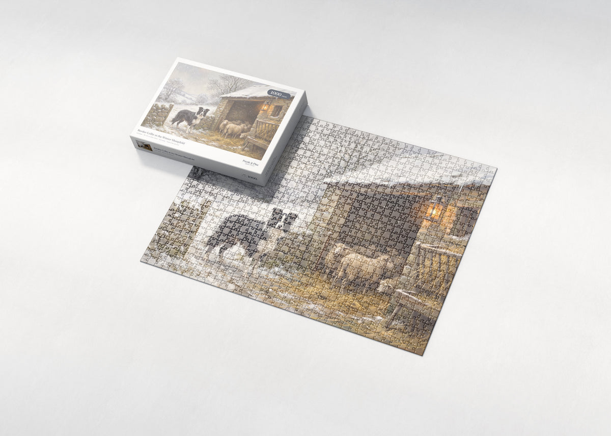 Border Collie at the Winter Sheepfold jigsaw puzzle - box and puzzle