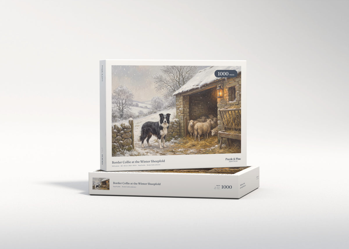 Border Collie at the Winter Sheepfold jigsaw puzzle - gift box