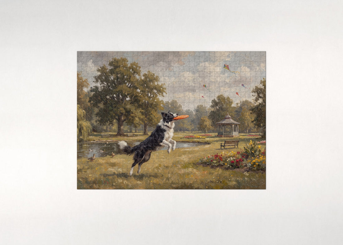 Border Collie Catching the Frisbee in the Park jigsaw puzzle - gift box