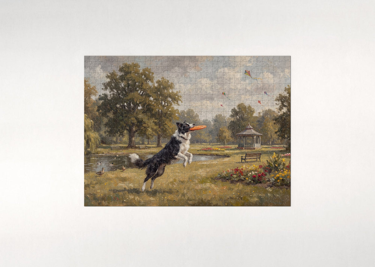 Border Collie Catching the Frisbee in the Park jigsaw puzzle - flat puzzle