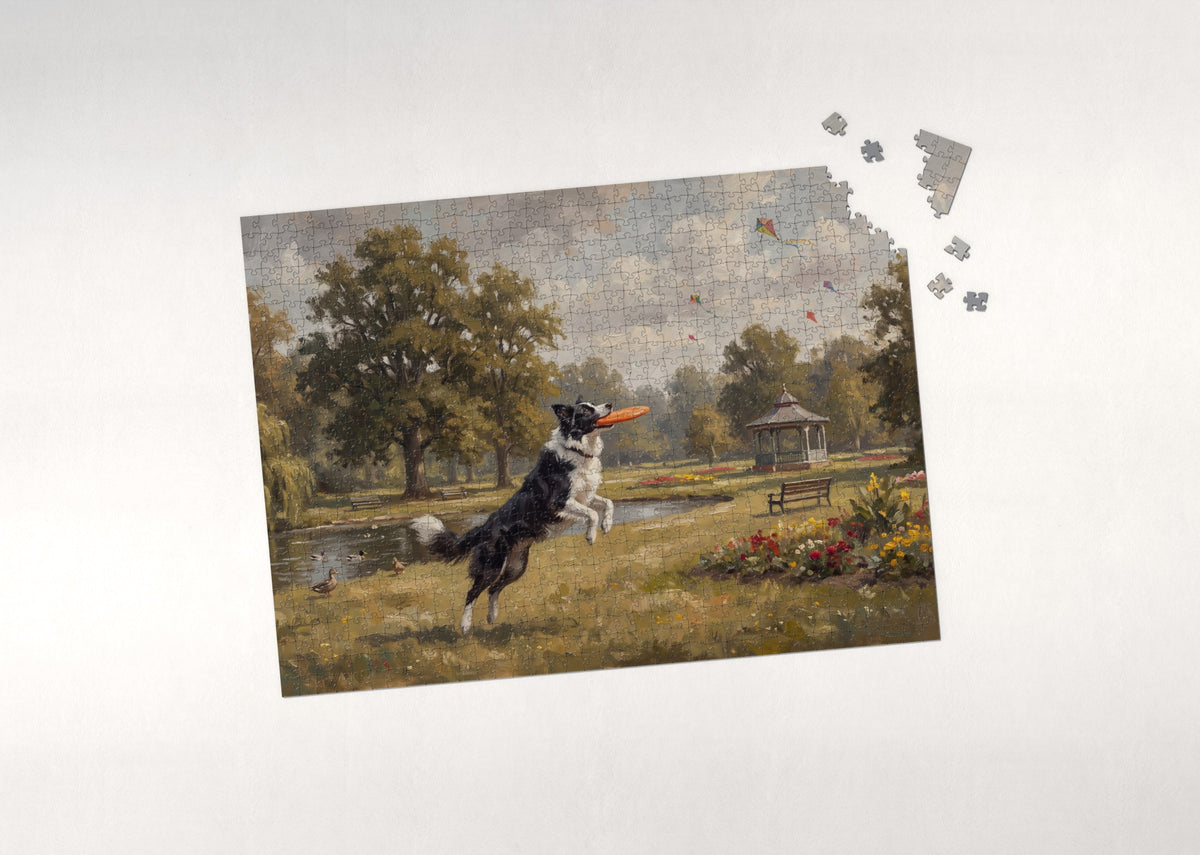 Border Collie Catching the Frisbee in the Park jigsaw puzzle - puzzle with loose pieces