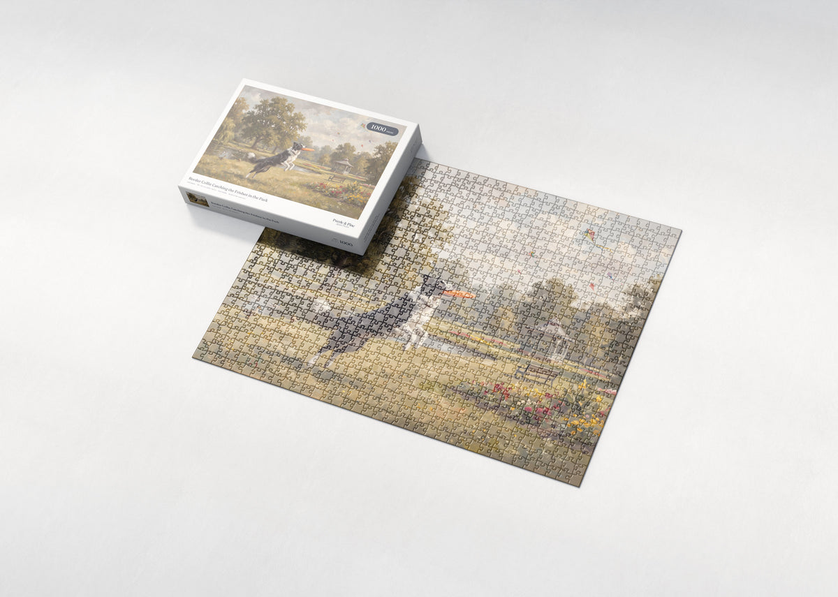 Border Collie Catching the Frisbee in the Park jigsaw puzzle - box and puzzle