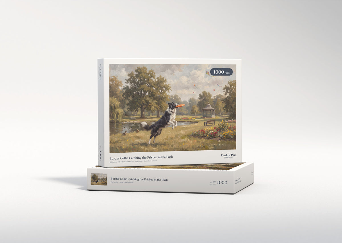 Border Collie Catching the Frisbee in the Park jigsaw puzzle - gift box