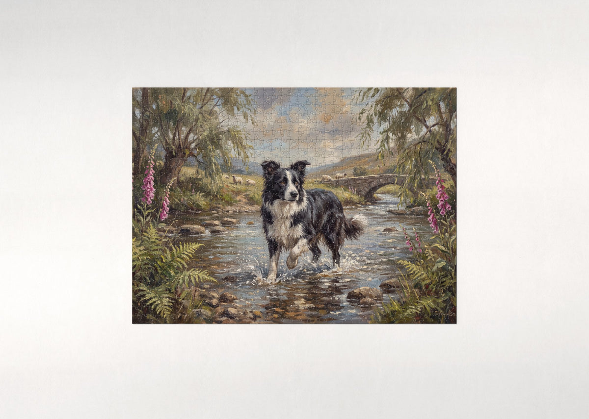 Border Collie Crossing the Summer Creek jigsaw puzzle - flat puzzle