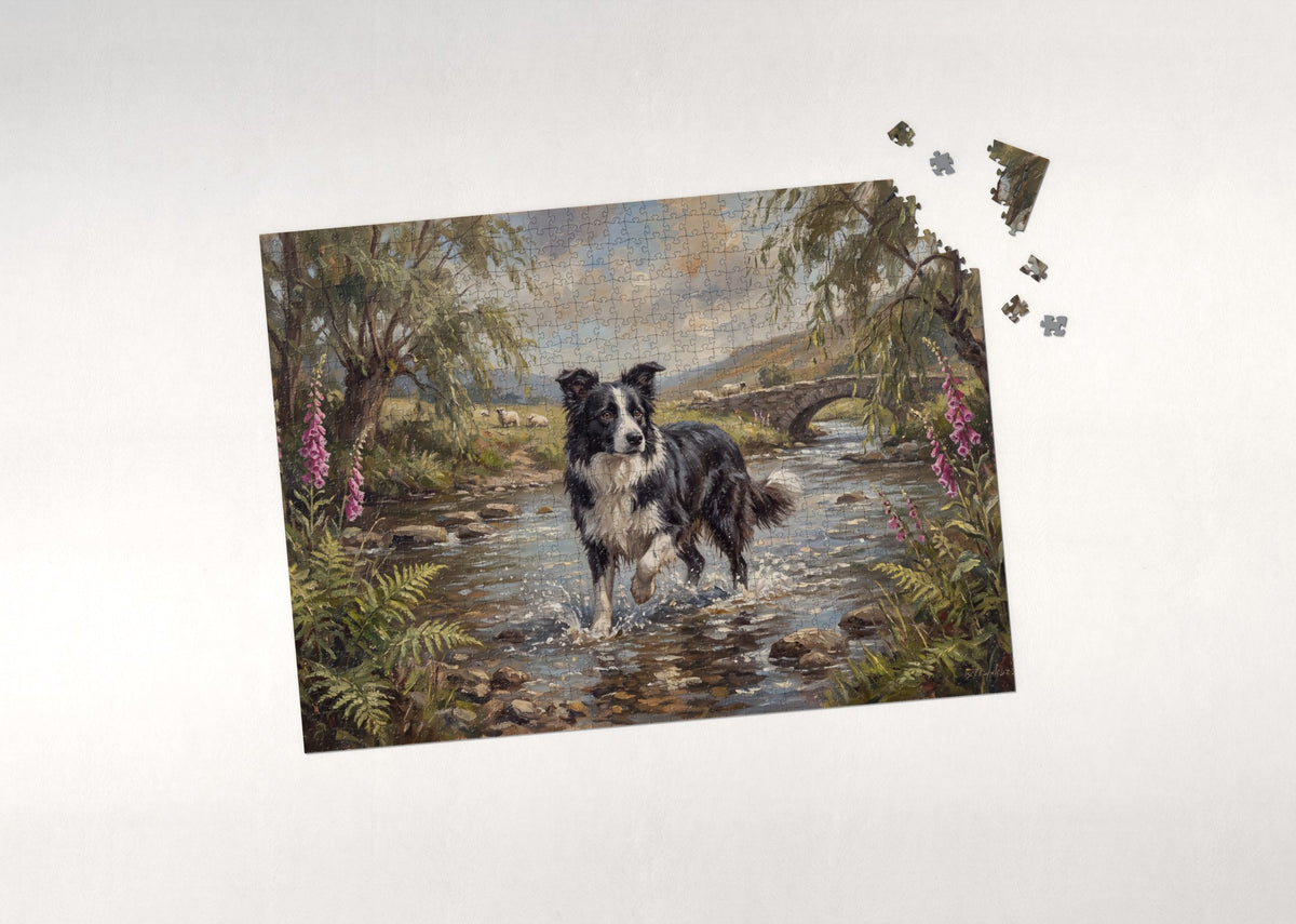 Border Collie Crossing the Summer Creek jigsaw puzzle - puzzle with loose pieces