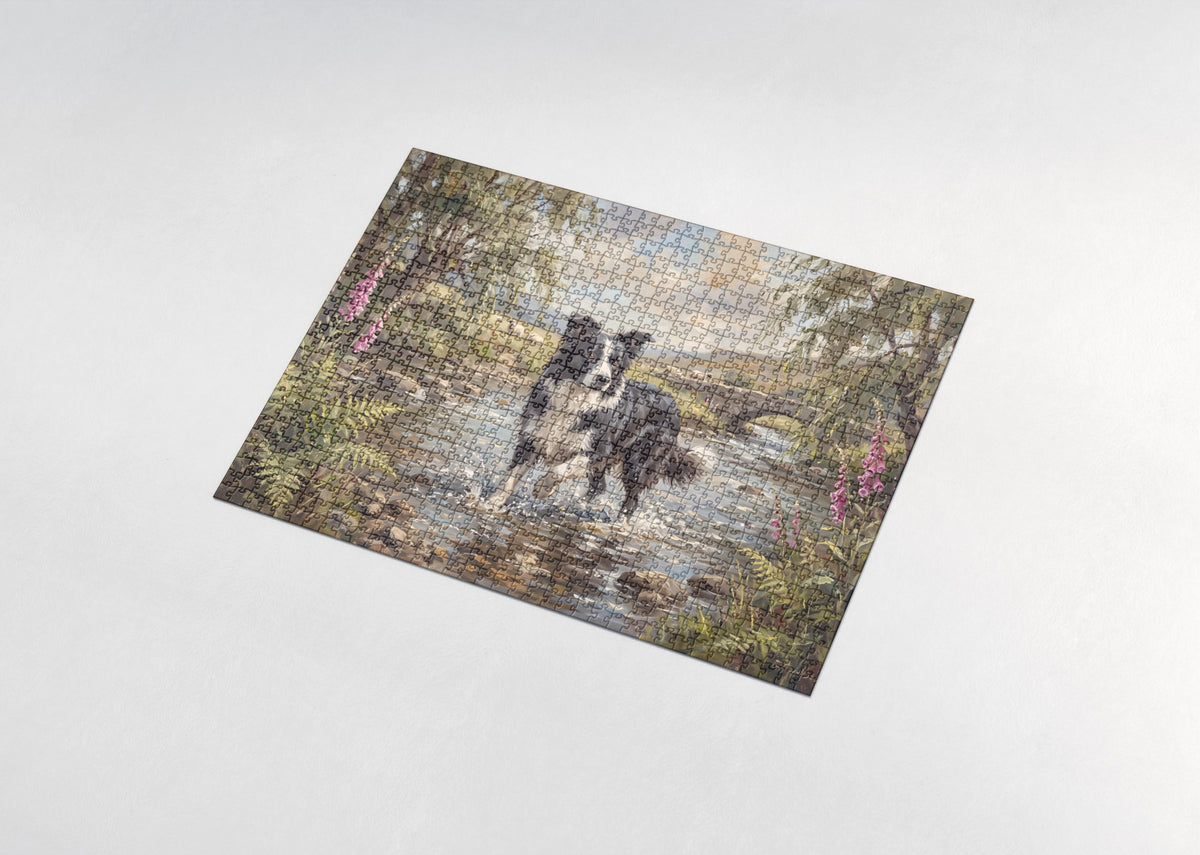 Border Collie Crossing the Summer Creek jigsaw puzzle - assembled puzzle