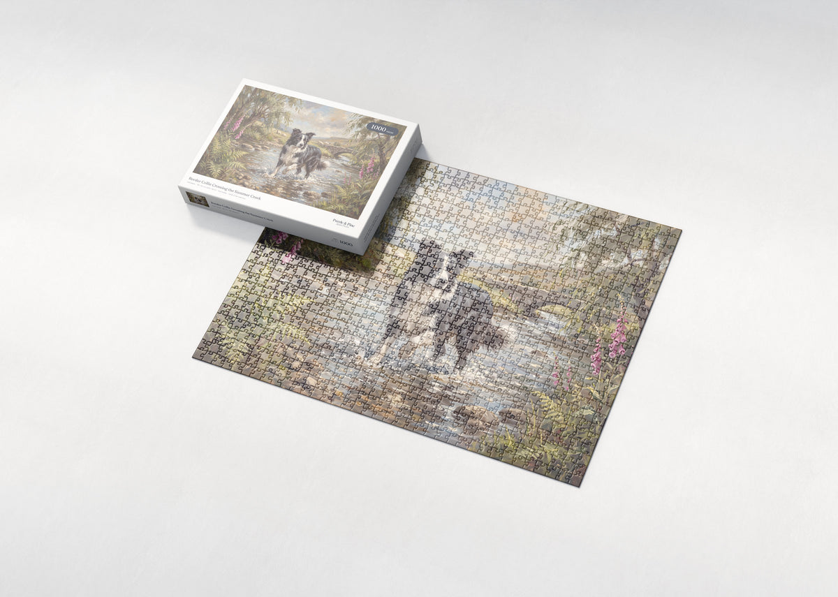 Border Collie Crossing the Summer Creek jigsaw puzzle - box and puzzle