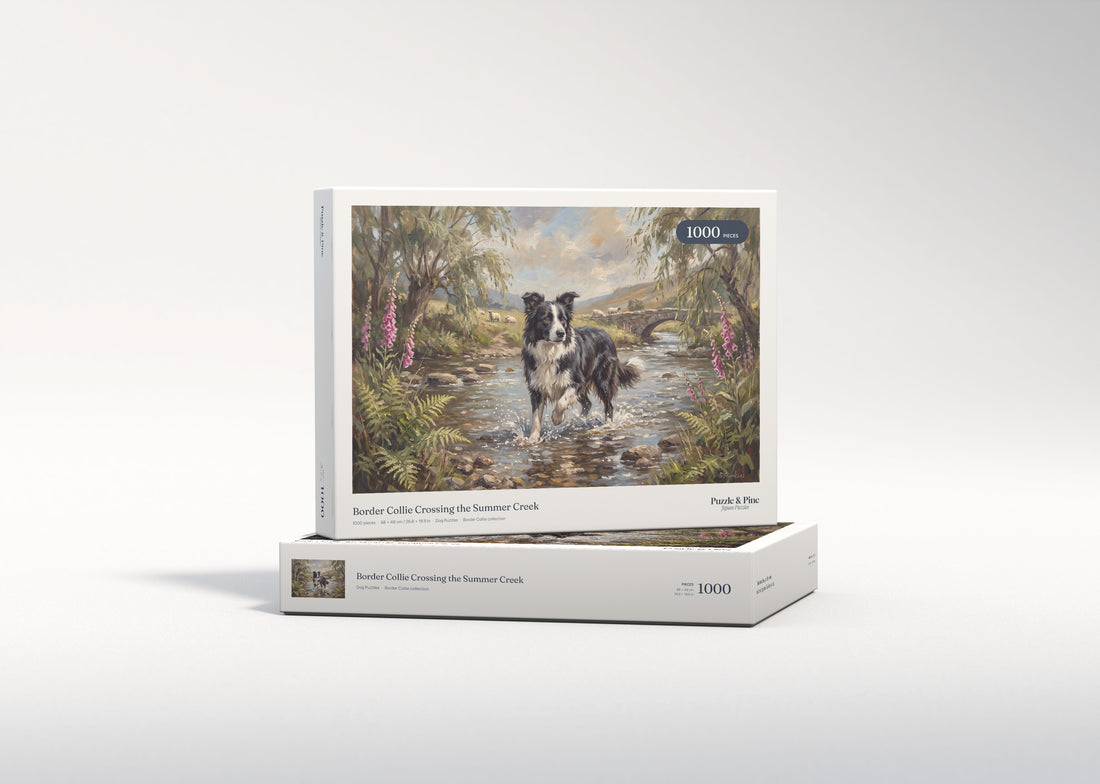 Border Collie Crossing the Summer Creek jigsaw puzzle - gift box
