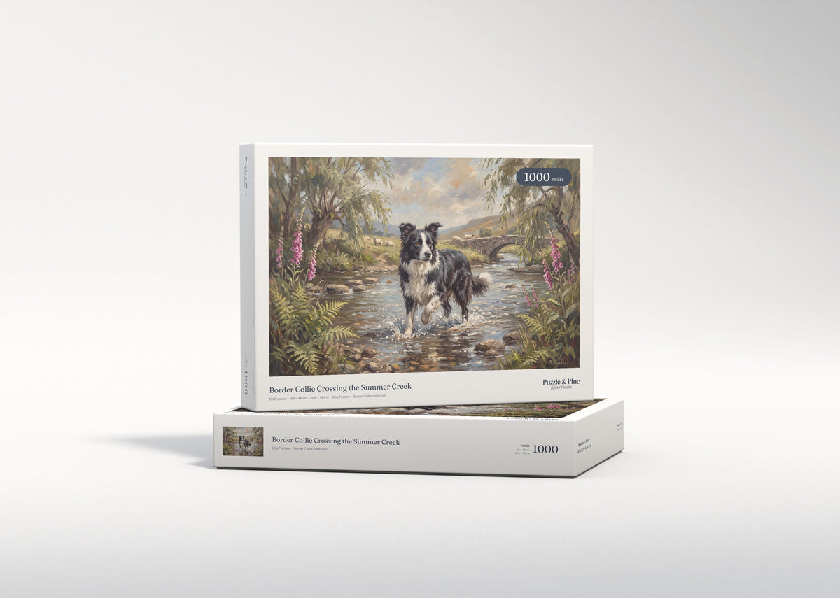 Border Collie Crossing the Summer Creek jigsaw puzzle - gift box