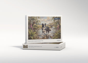 Border Collie Crossing the Summer Creek jigsaw puzzle - gift box