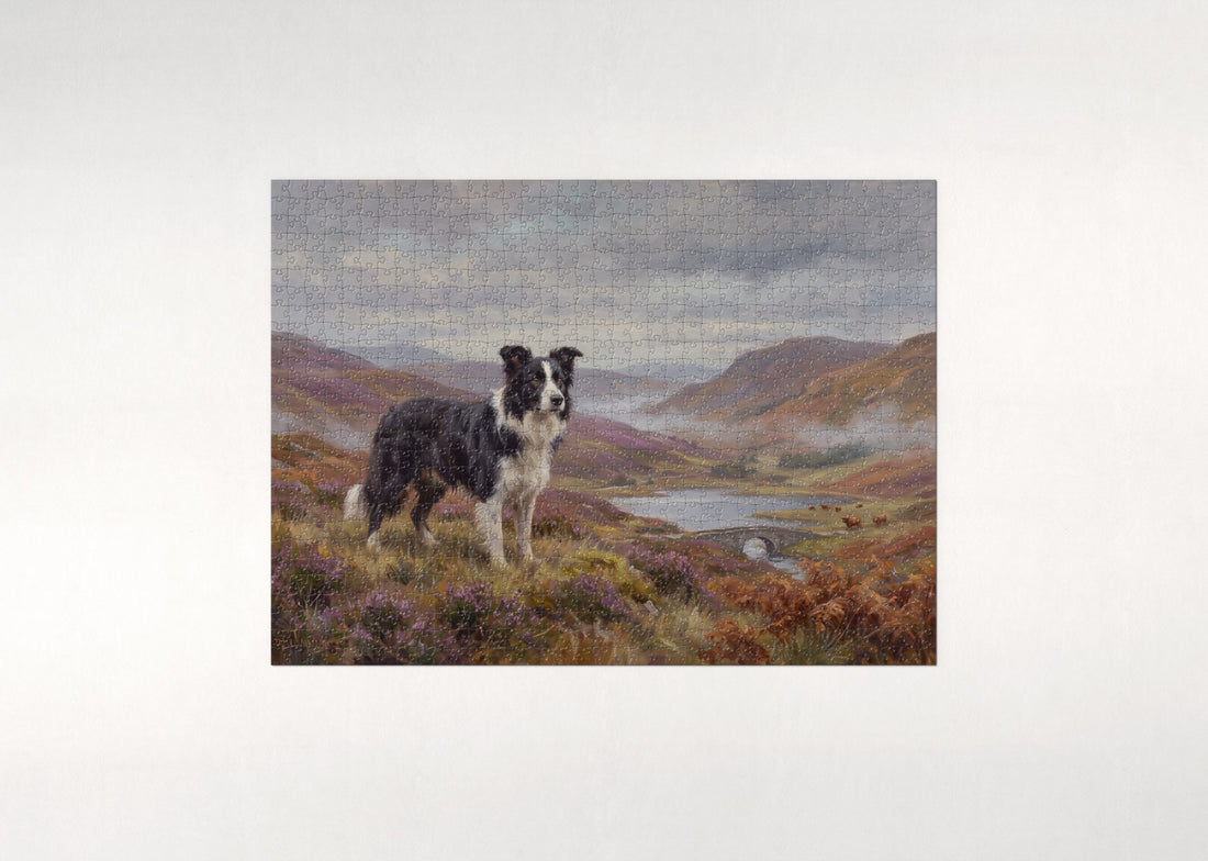 Border Collie in the Misty Highland Hills jigsaw puzzle - gift box