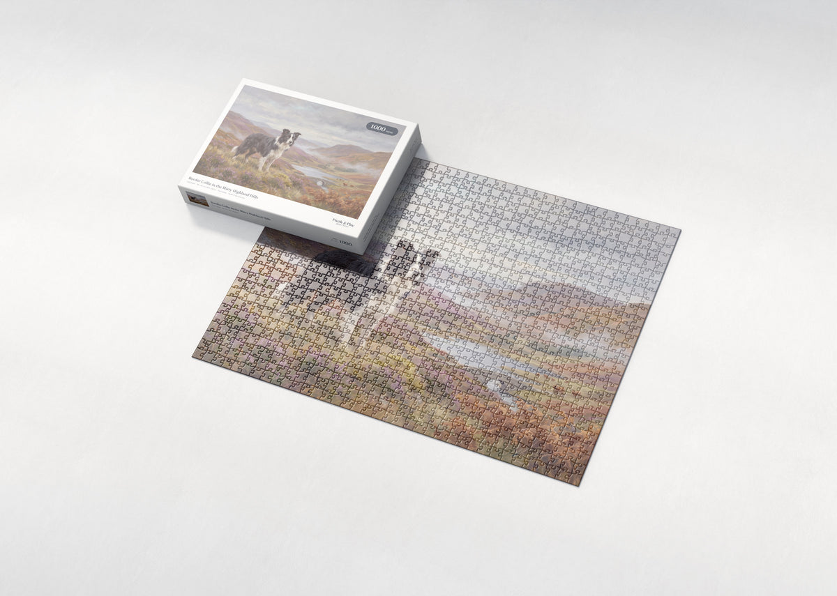 Border Collie in the Misty Highland Hills jigsaw puzzle - box and puzzle