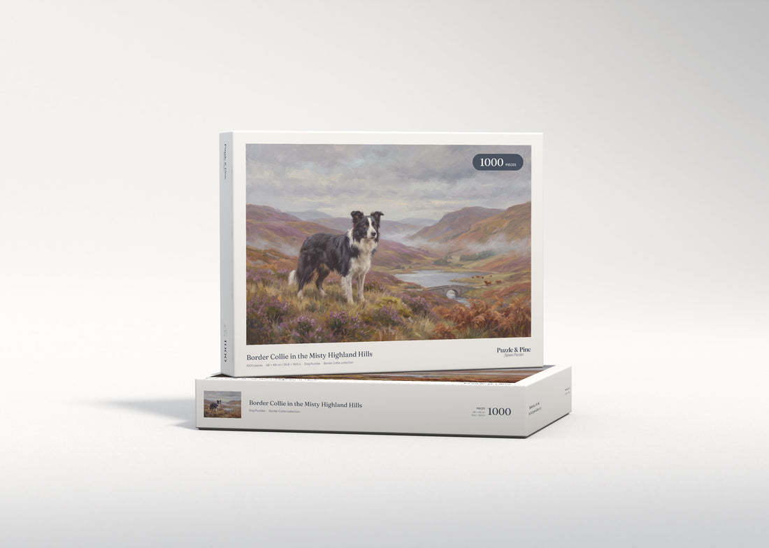 Border Collie in the Misty Highland Hills jigsaw puzzle - gift box