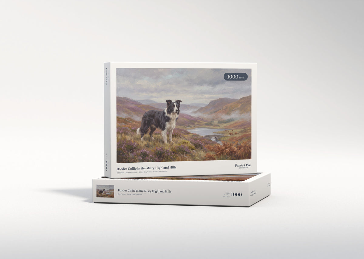 Border Collie in the Misty Highland Hills jigsaw puzzle - gift box