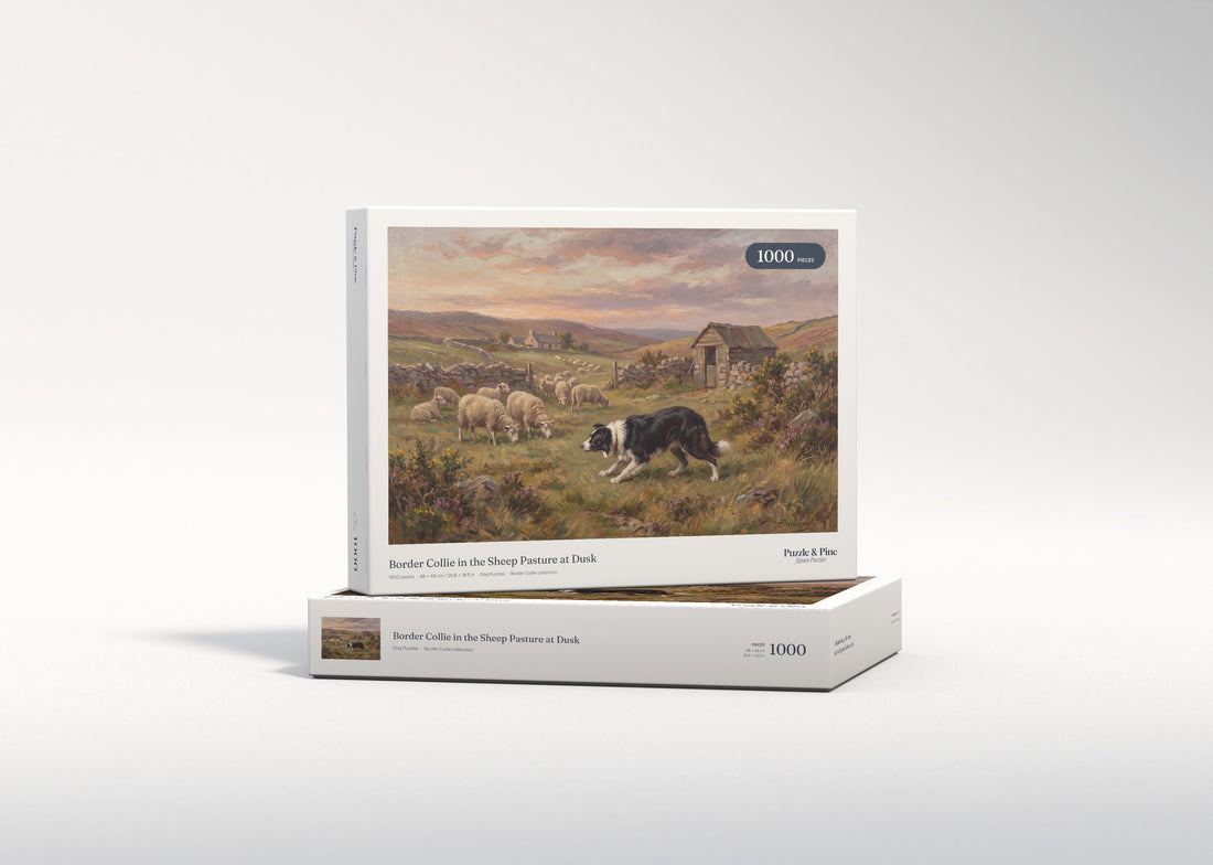 Border Collie in the Sheep Pasture at Dusk jigsaw puzzle - gift box