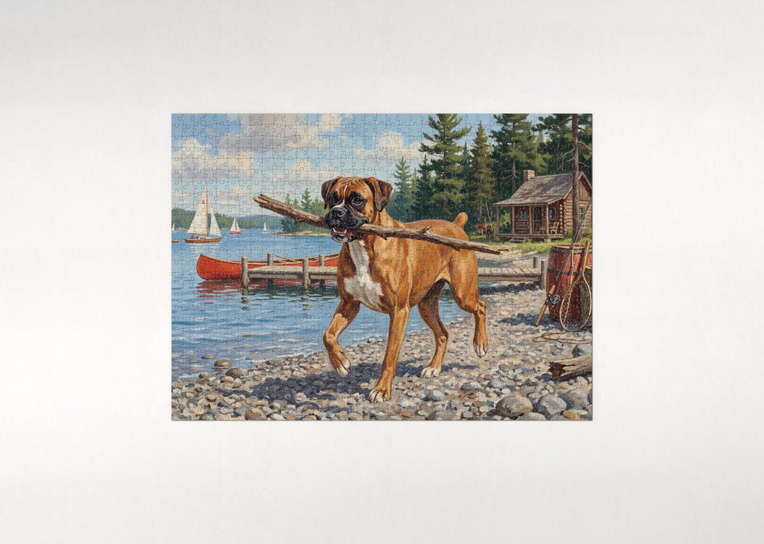 Boxer Fetching Sticks at the Lakeshore jigsaw puzzle - gift box