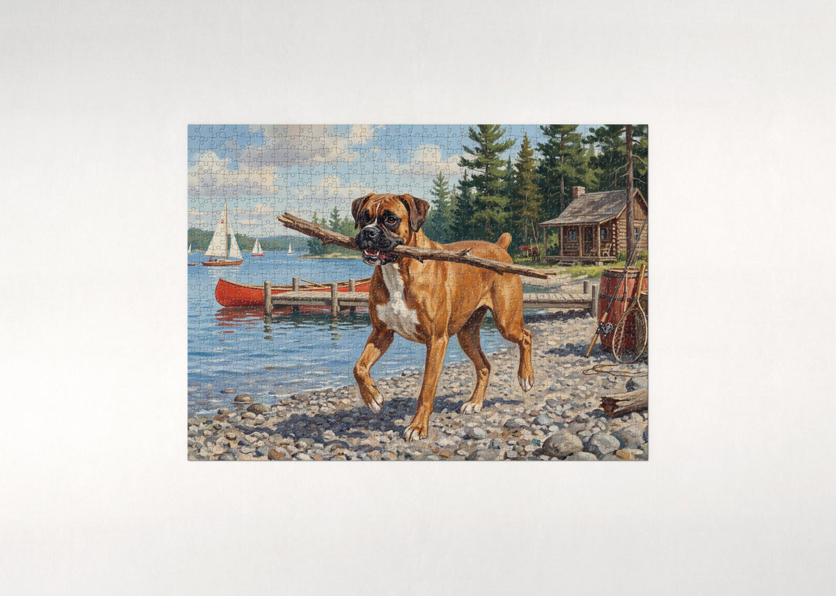 Boxer Fetching Sticks at the Lakeshore jigsaw puzzle - flat puzzle