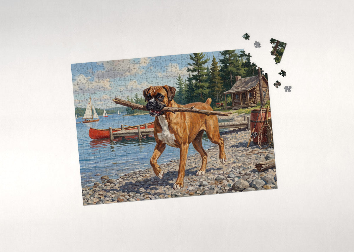 Boxer Fetching Sticks at the Lakeshore jigsaw puzzle - puzzle with loose pieces