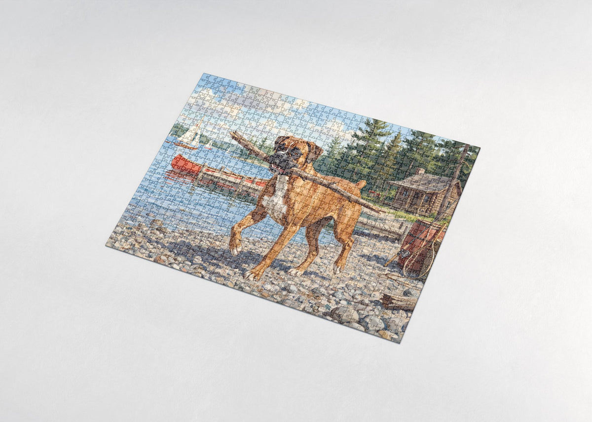 Boxer Fetching Sticks at the Lakeshore jigsaw puzzle - assembled puzzle