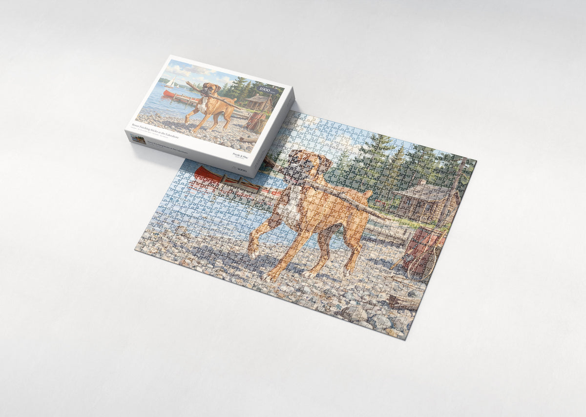Boxer Fetching Sticks at the Lakeshore jigsaw puzzle - box and puzzle