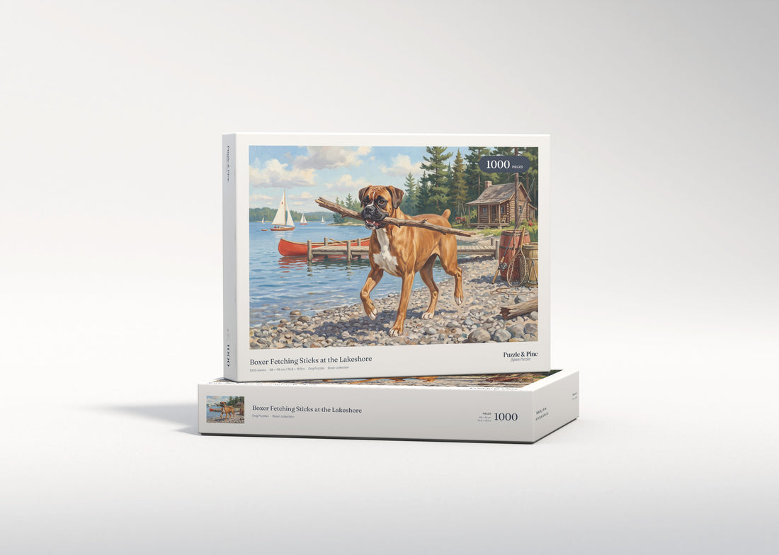 Boxer Fetching Sticks at the Lakeshore jigsaw puzzle - gift box
