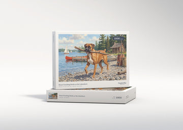 Boxer Fetching Sticks at the Lakeshore jigsaw puzzle - gift box