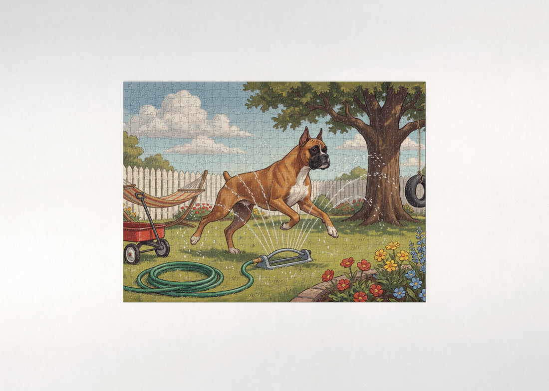 Boxer in the Backyard Sprinkler jigsaw puzzle - gift box