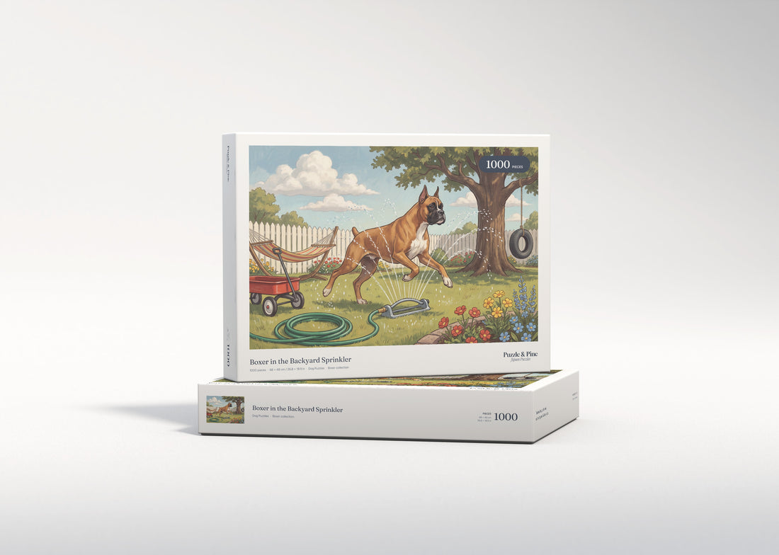Boxer in the Backyard Sprinkler jigsaw puzzle - gift box