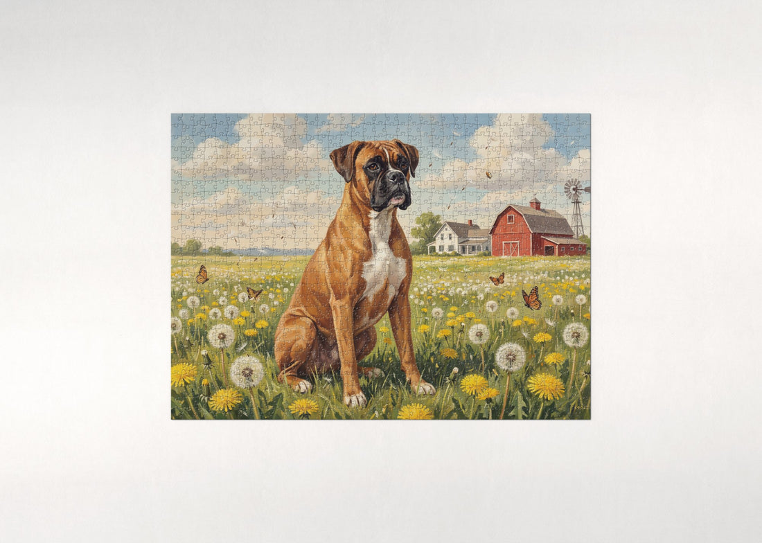 Boxer in the Dandelion Field jigsaw puzzle - gift box