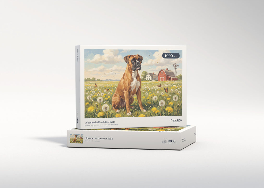 Boxer in the Dandelion Field jigsaw puzzle - gift box