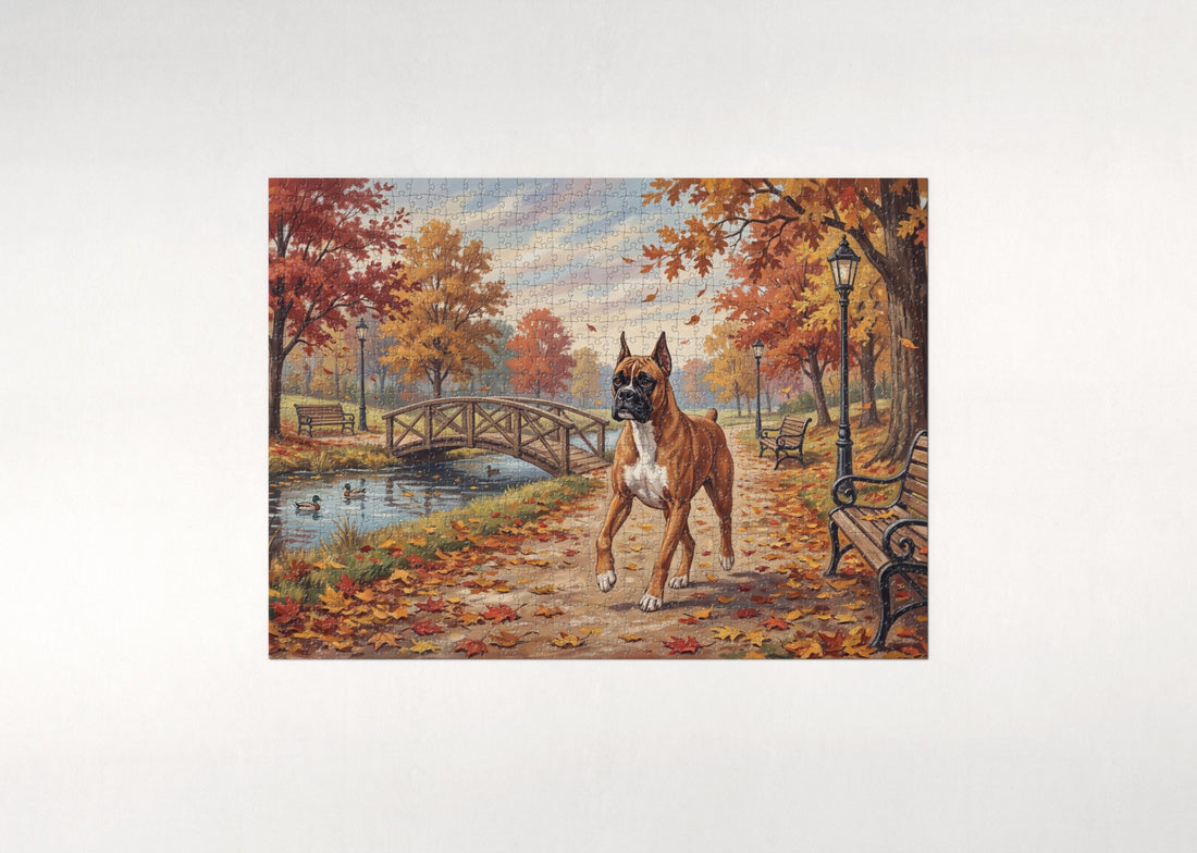 Boxer on the Autumn Jogging Trail jigsaw puzzle - gift box