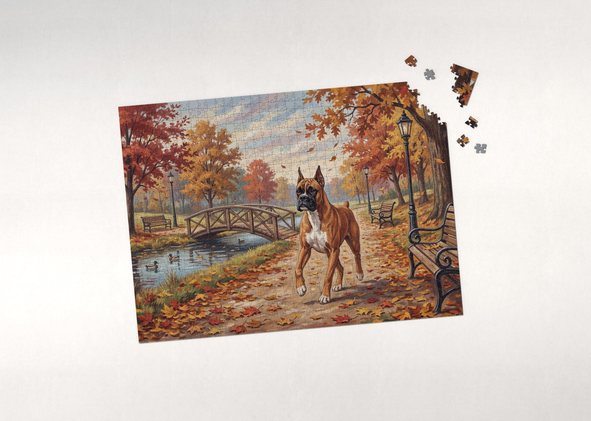 Boxer on the Autumn Jogging Trail jigsaw puzzle - puzzle with loose pieces