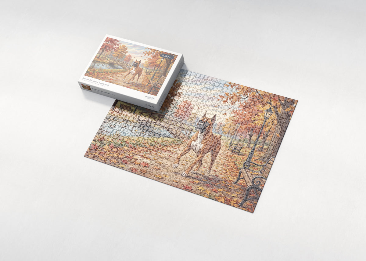 Boxer on the Autumn Jogging Trail jigsaw puzzle - box and puzzle