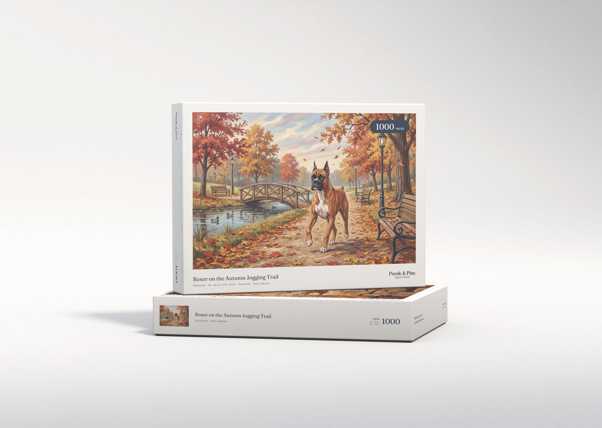 Boxer on the Autumn Jogging Trail jigsaw puzzle - gift box