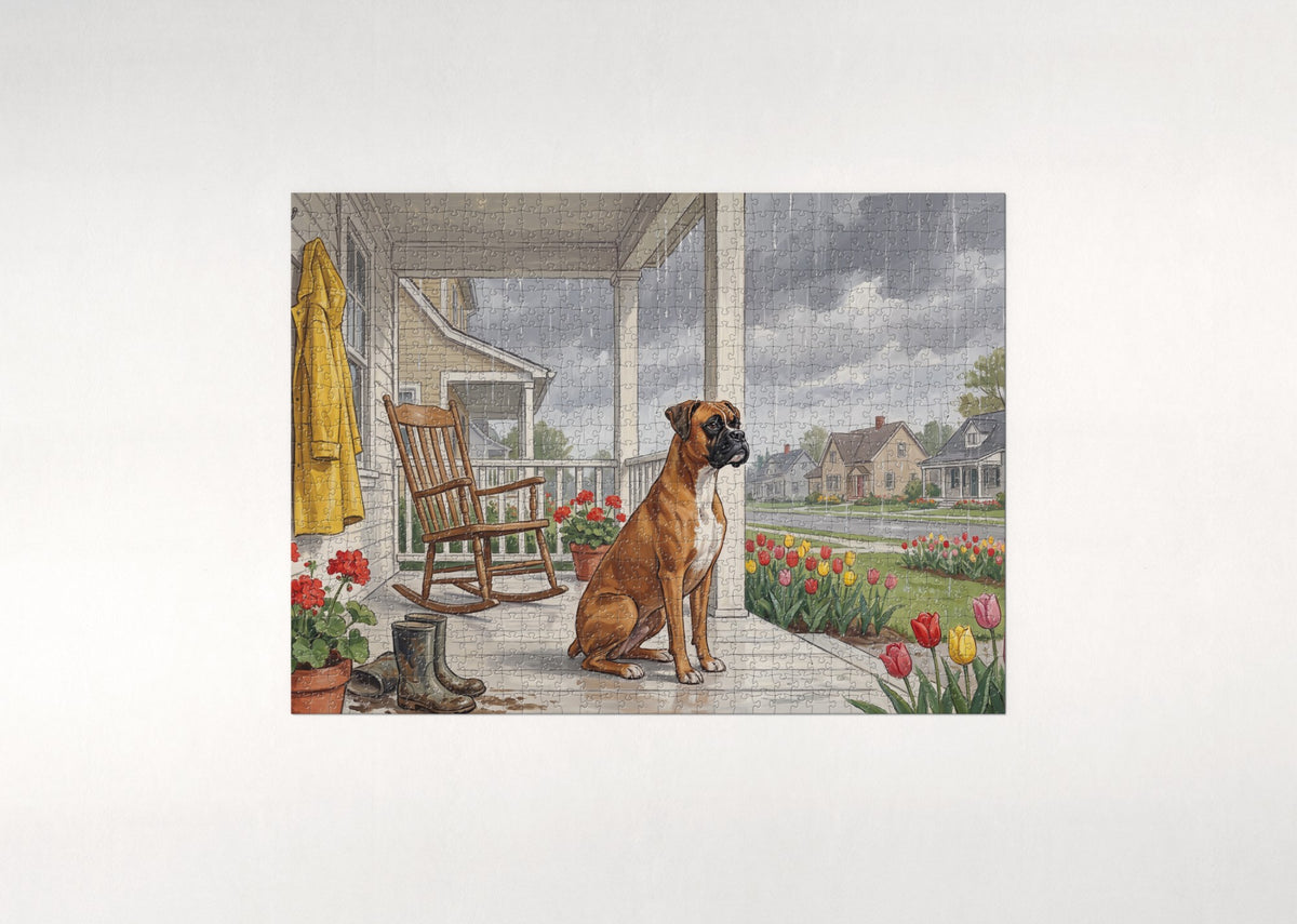 Boxer on the Front Porch in the Rain jigsaw puzzle - flat puzzle