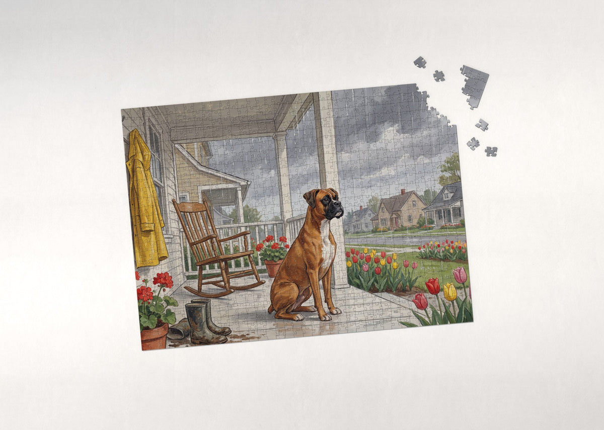 Boxer on the Front Porch in the Rain jigsaw puzzle - puzzle with loose pieces