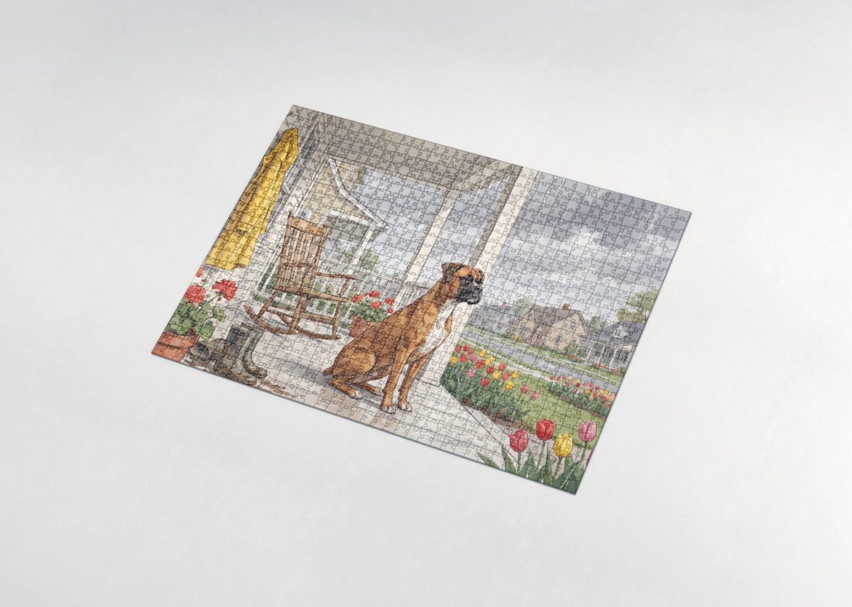 Boxer on the Front Porch in the Rain jigsaw puzzle - assembled puzzle