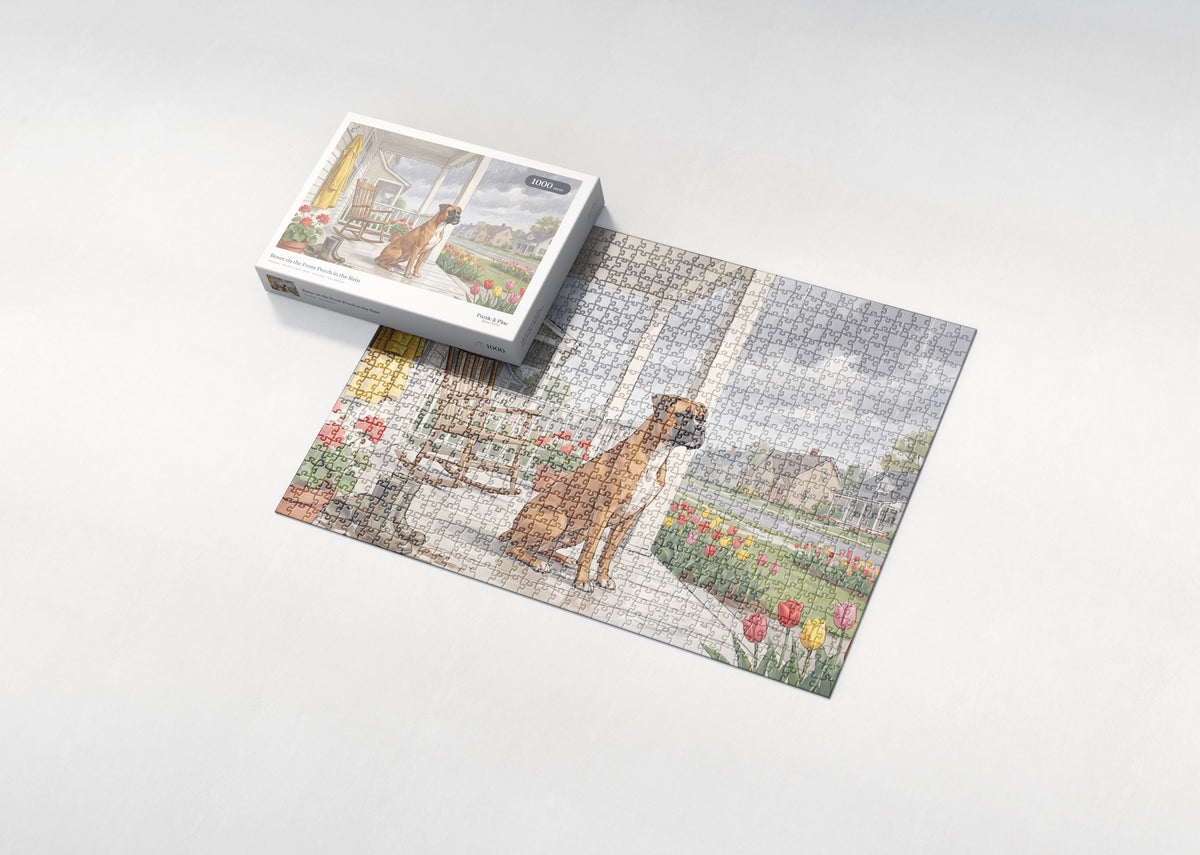 Boxer on the Front Porch in the Rain jigsaw puzzle - box and puzzle