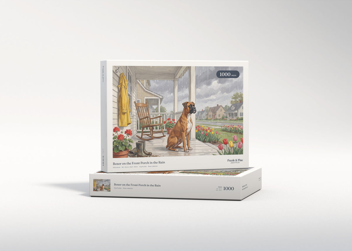 Boxer on the Front Porch in the Rain jigsaw puzzle - gift box