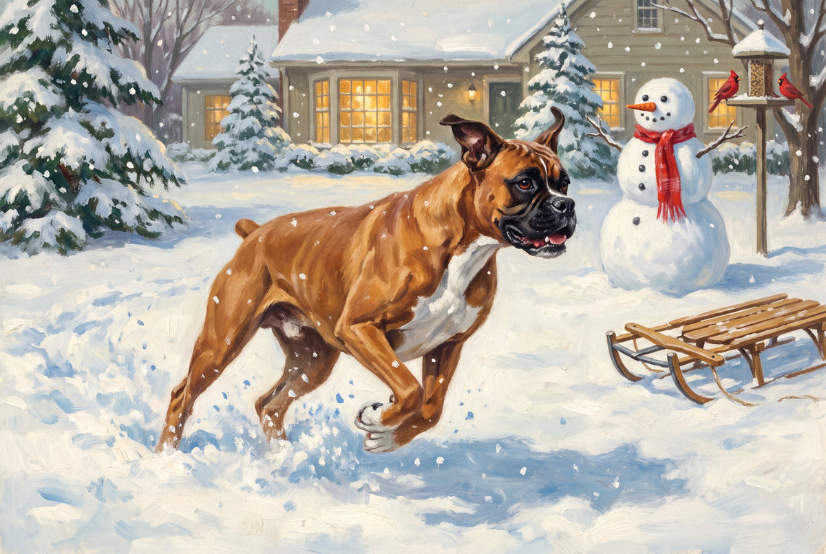 Boxer Zoomies in the Snowy Backyard jigsaw puzzle