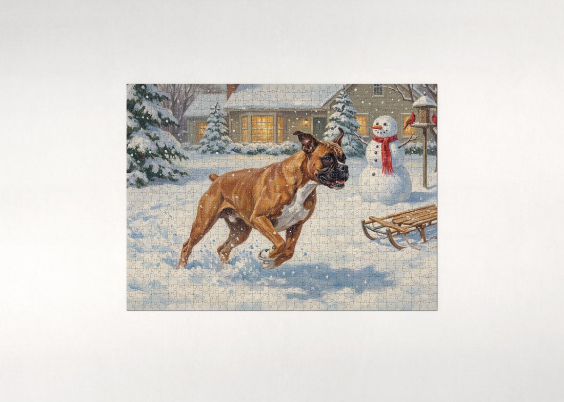 Boxer Zoomies in the Snowy Backyard jigsaw puzzle - gift box