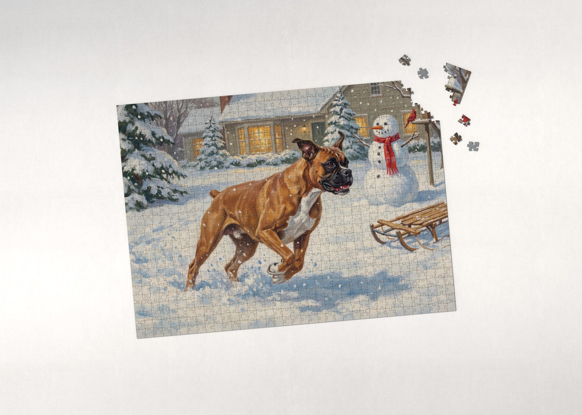 Boxer Zoomies in the Snowy Backyard jigsaw puzzle - puzzle with loose pieces