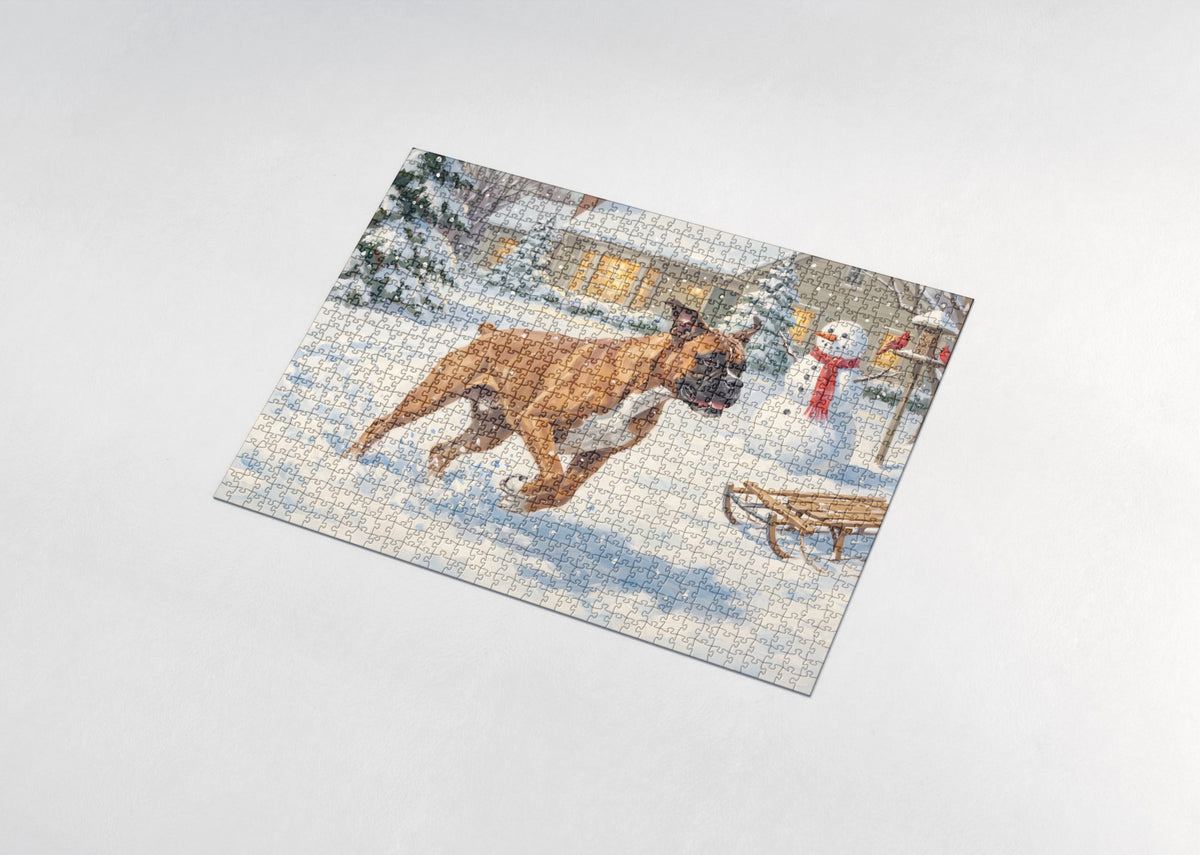 Boxer Zoomies in the Snowy Backyard jigsaw puzzle - assembled puzzle
