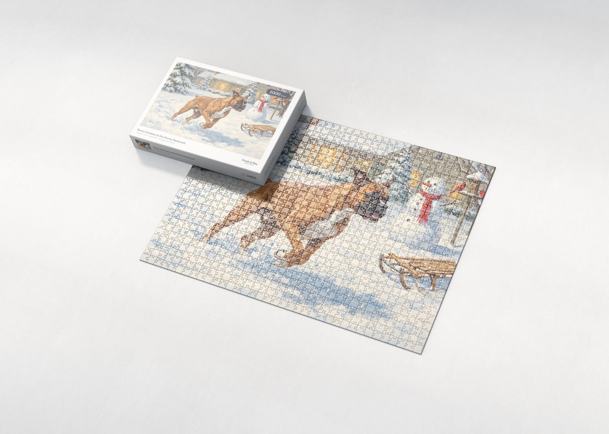 Boxer Zoomies in the Snowy Backyard jigsaw puzzle - box and puzzle