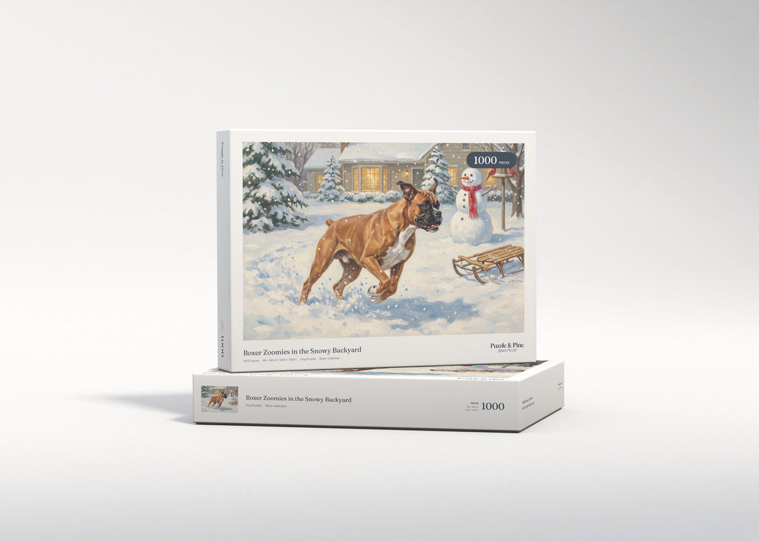 Boxer Zoomies in the Snowy Backyard jigsaw puzzle - gift box
