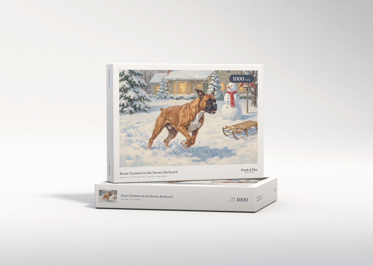 Boxer Zoomies in the Snowy Backyard jigsaw puzzle - gift box